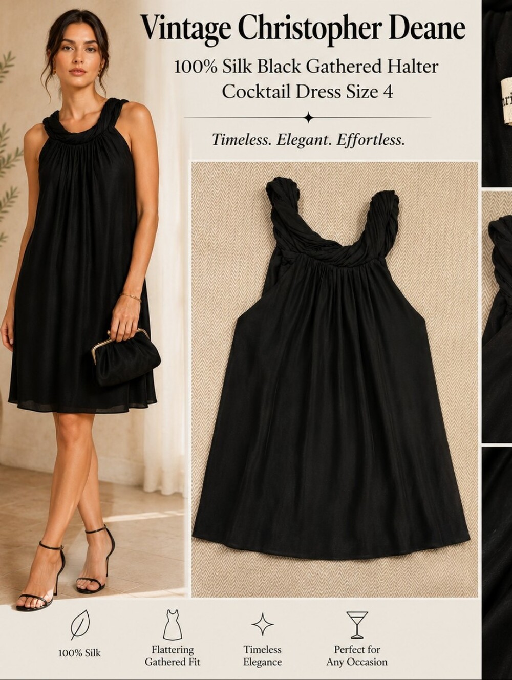 Vintage Christopher Deane 100% Silk Black Gathered Halter Cocktail Dress Size 4